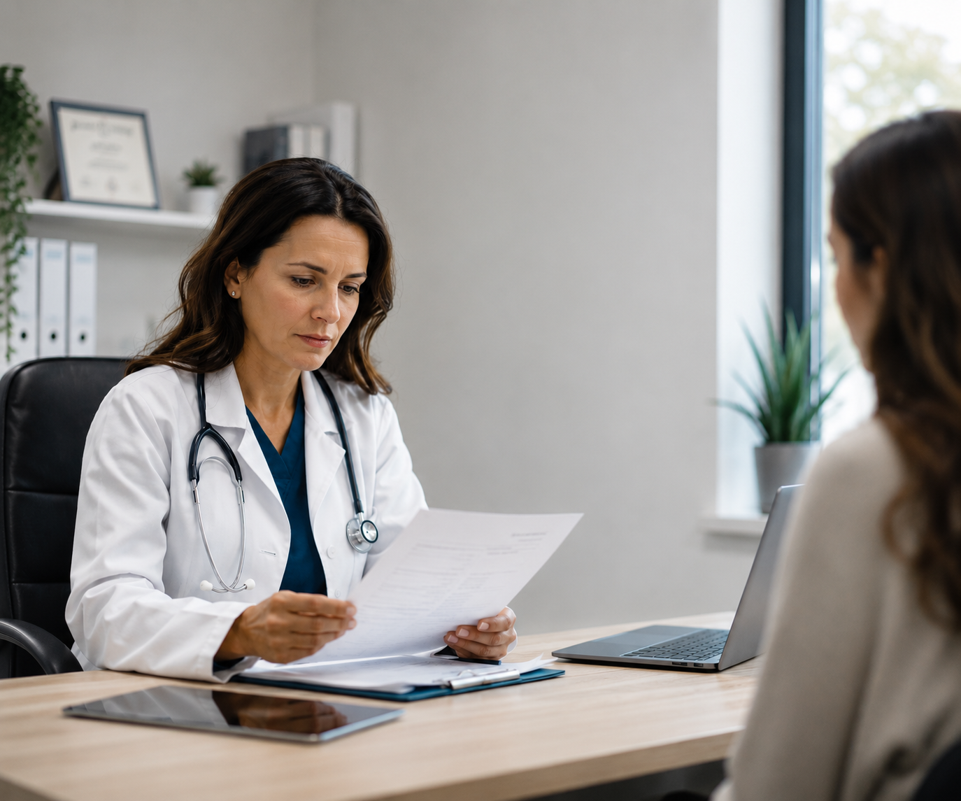 Médica analisando exame com paciente